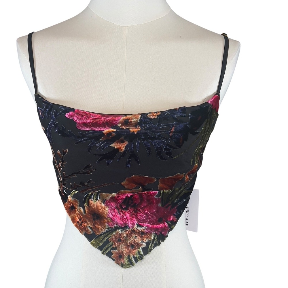 WEWOREWHAT Flocked Soft Velvet Cowl‎ Top Floral Black Multi Strappy Small NEW